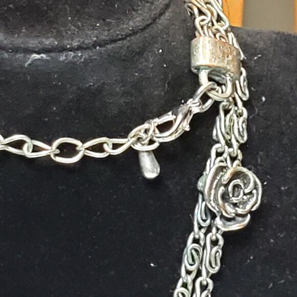 Red Silver Tone Chunky Cross Rose Charms Double Chain Necklace 22" Unsigned - Picture 6 of 9